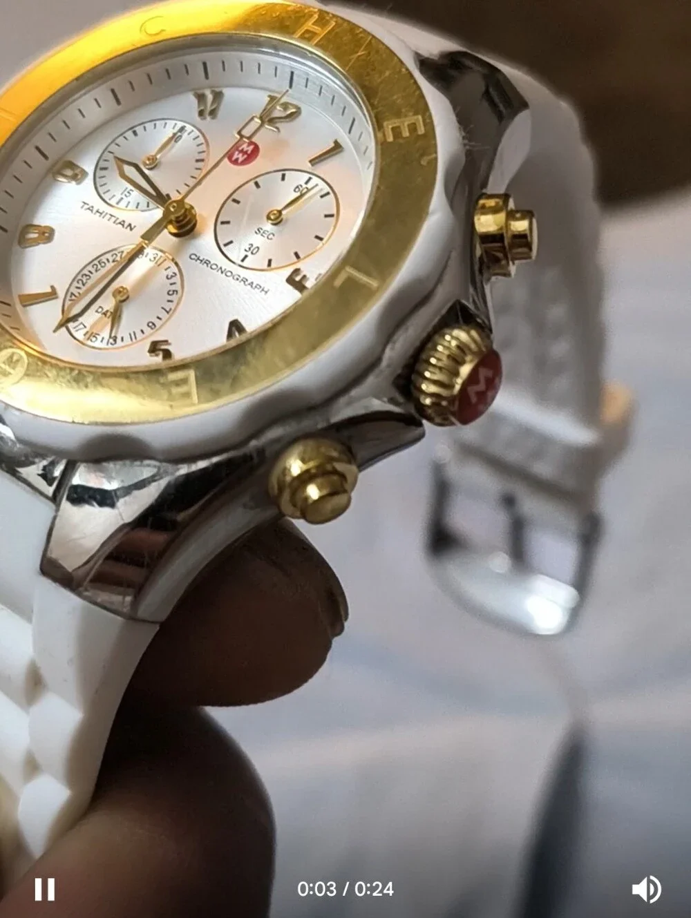 MICHELE Tahitian Jelly Bean Chronograph Watch — Two-Tone Gold & Steel, White Sil